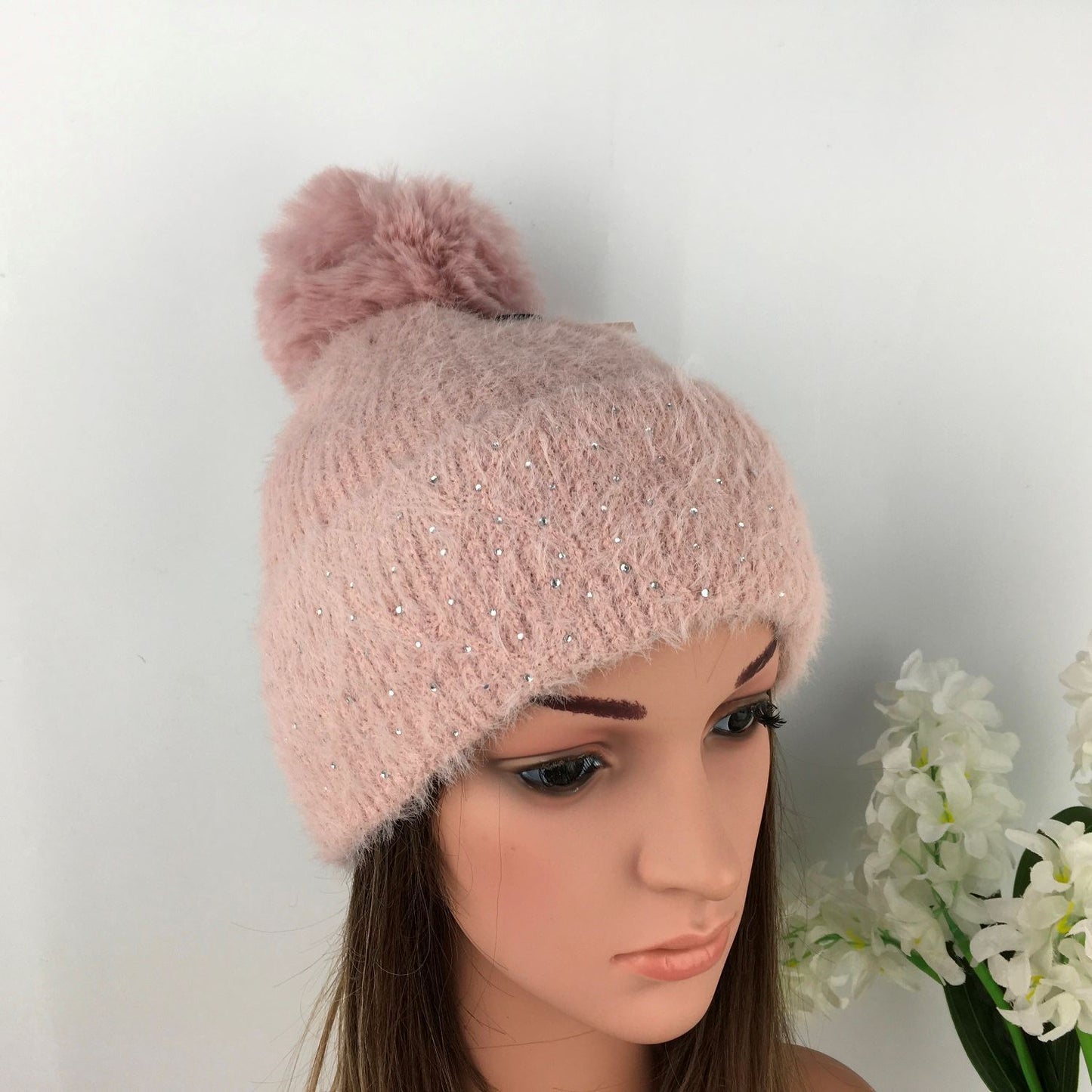 Ladies Baby Pink Knitted Hat with Silver Gem's