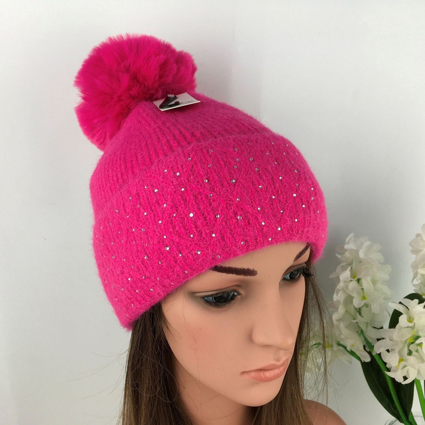Ladies Hot Pink Knitted Hat with Silver Gem's