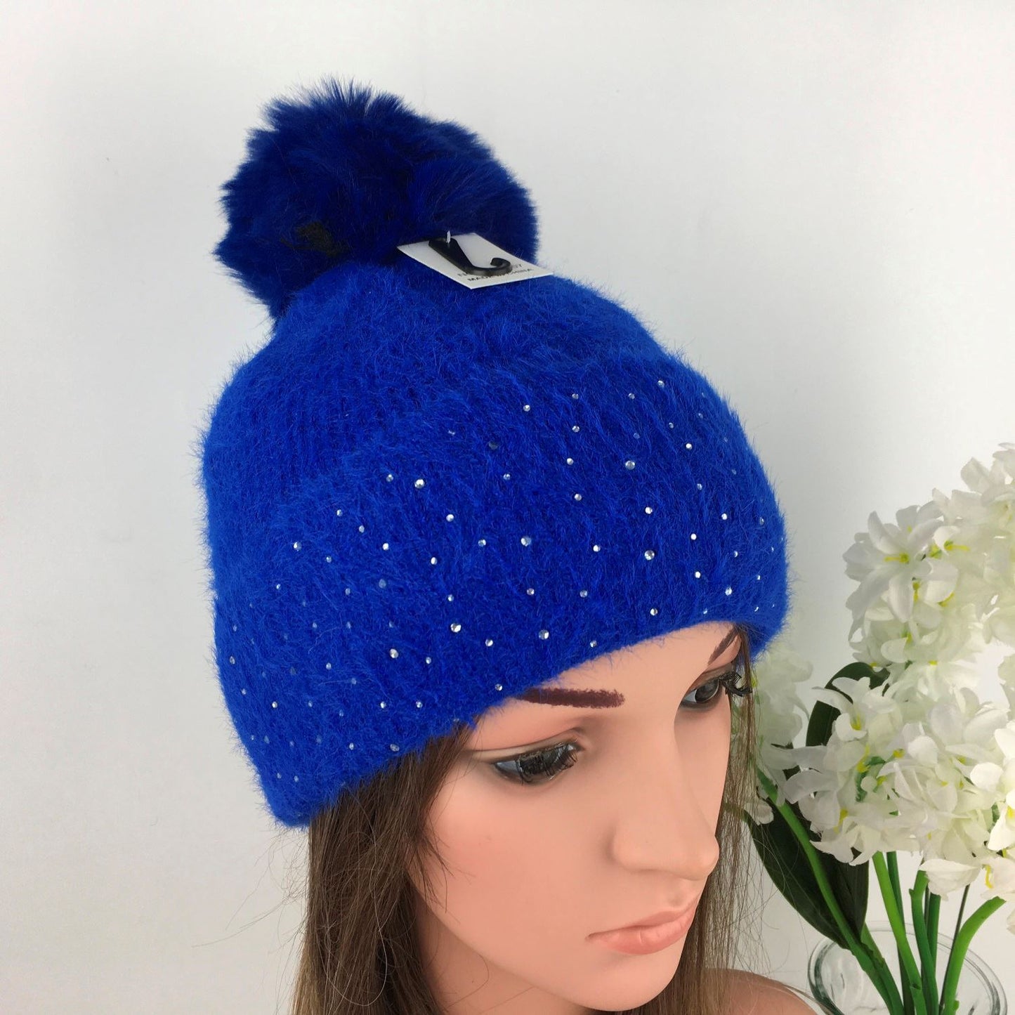 Ladies Royal Blue Knitted Hat with Silver Gem's