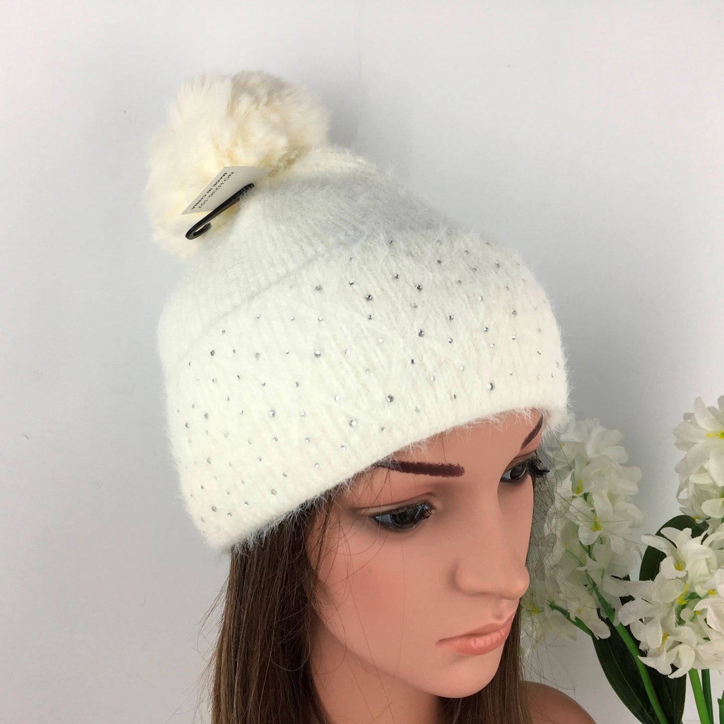 Ladies White Knitted Hat with Silver Gem's