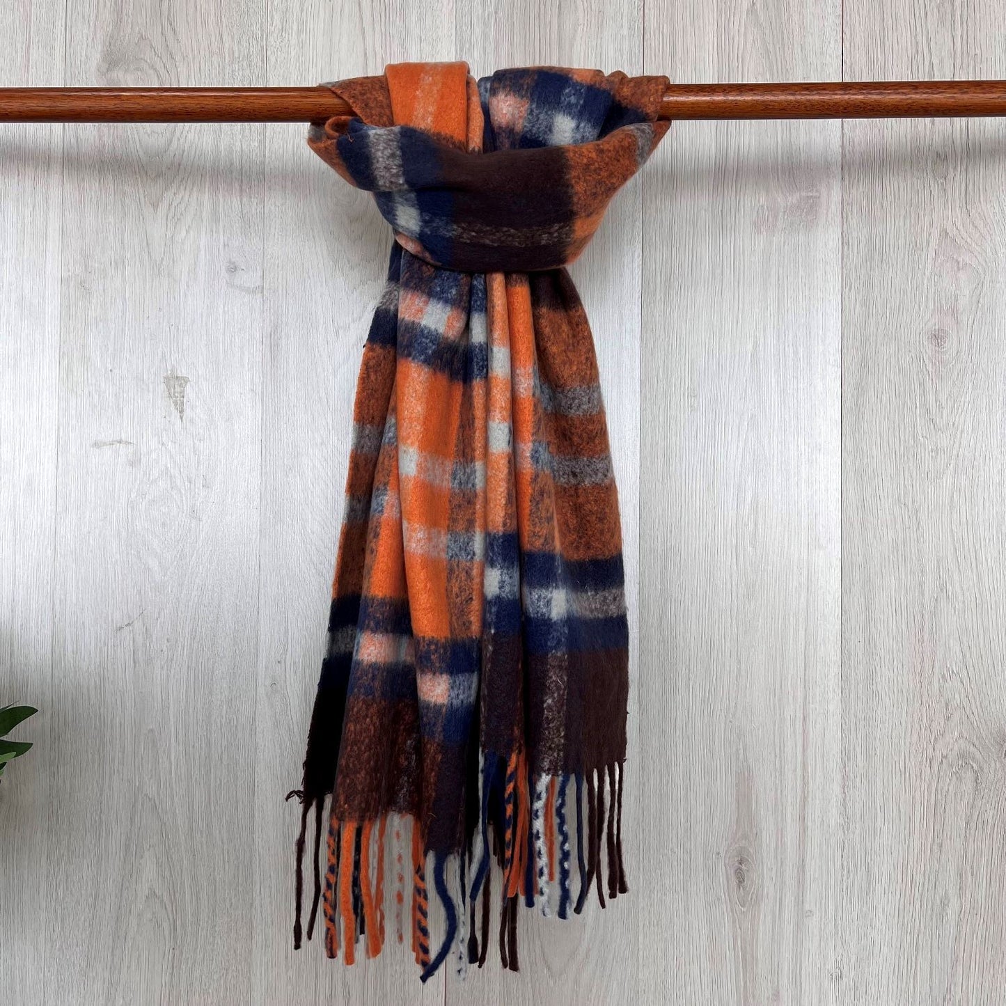 Orange Chunky Winter Checked Scarf With Long Fringe