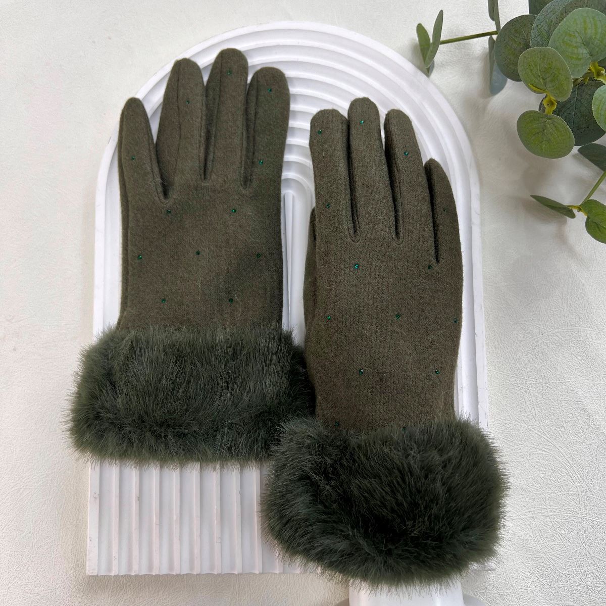 Dark Green Glove with Fur Wrist