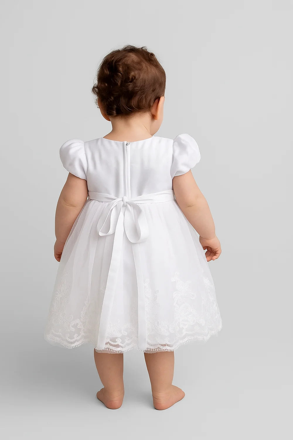 Baby Girl Puff Sleeve Tulle Riya White Christening Dress