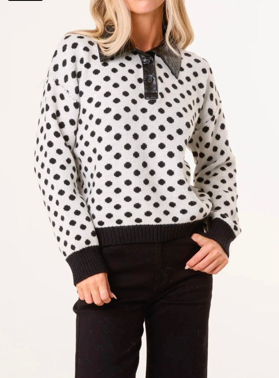 Polka Dot Print Ivory and Black Polo Knit Jumper with Pu Black Collar