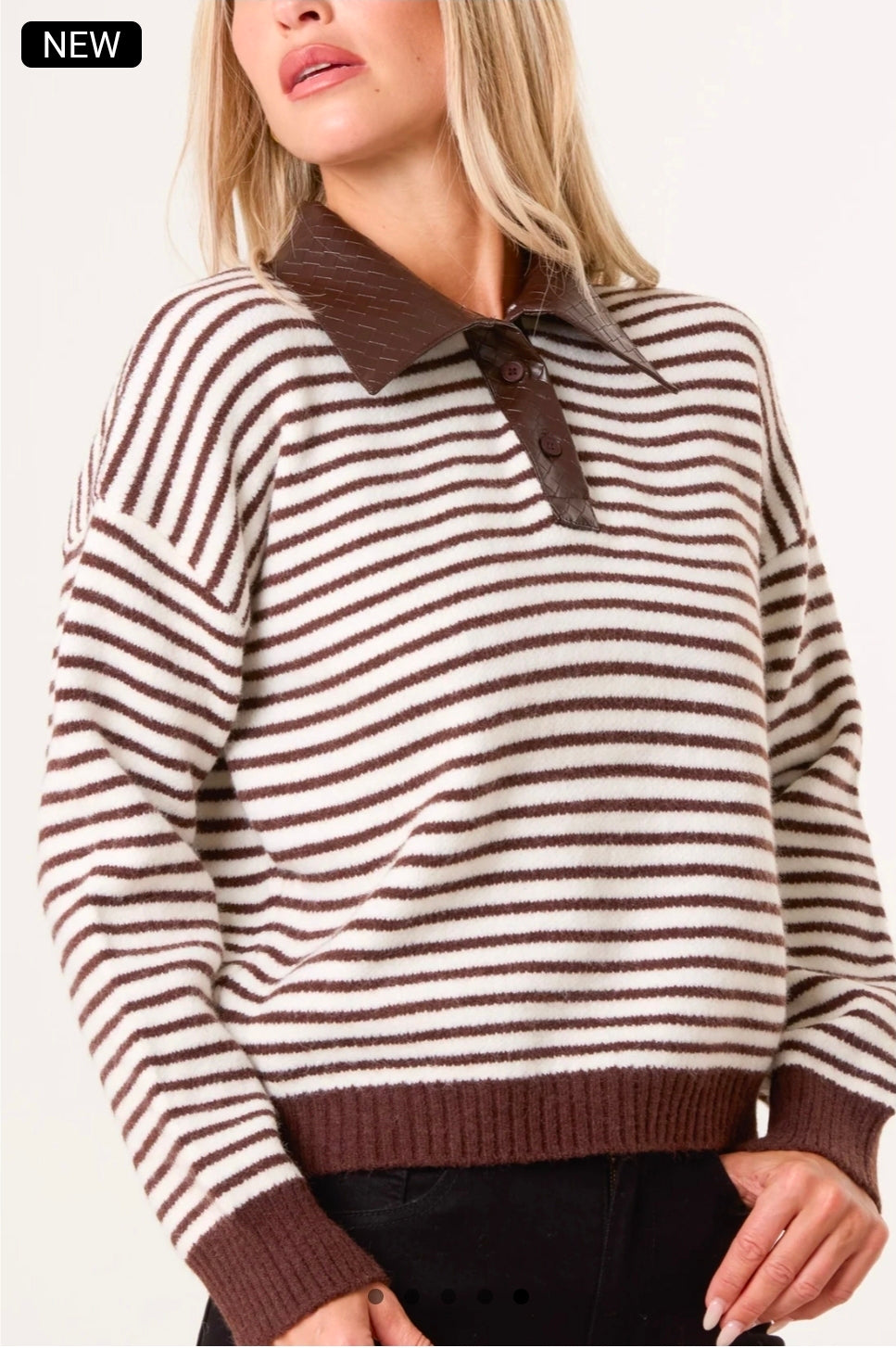 Chocolate Stripe Print Polo Knit Jumper with Pu Chocolate Collar