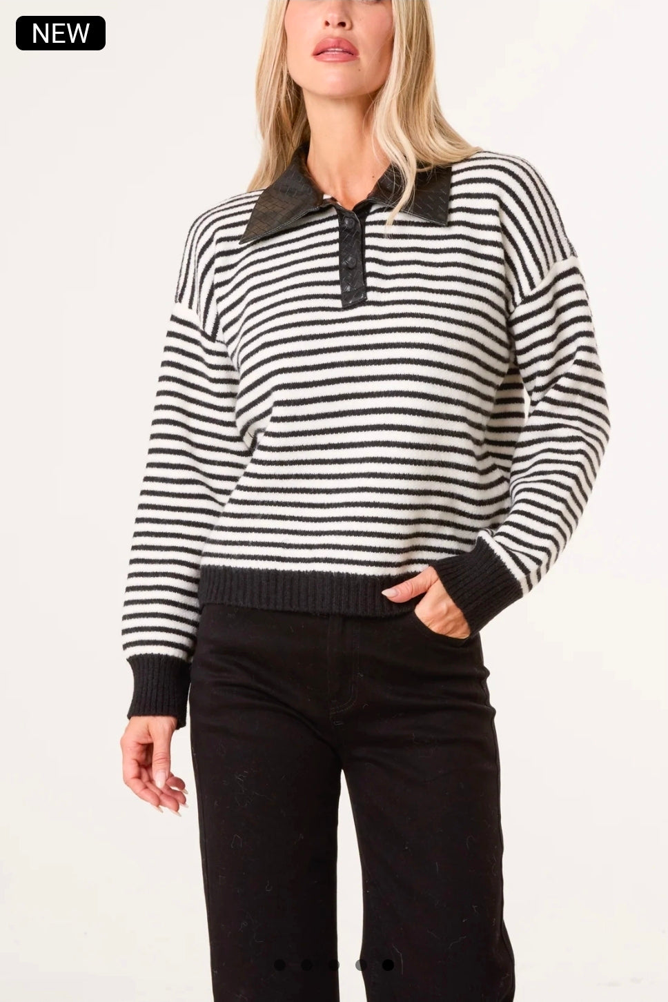 Black Stripe Print Polo Knit Jumper with Pu Black Collar