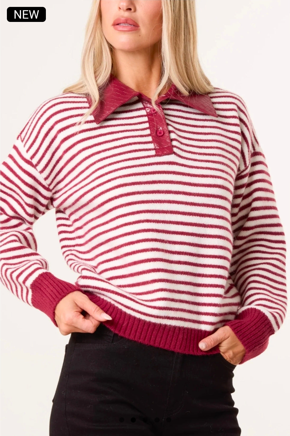 Wine Stripe Print Polo Knit Jumper with Pu Wine Collar