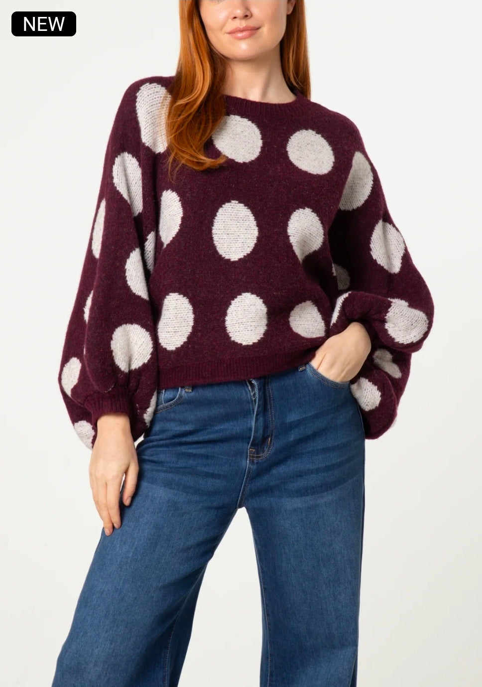 Polka Dot Ballon Sleeve Knit Wine Jumper (8-16)