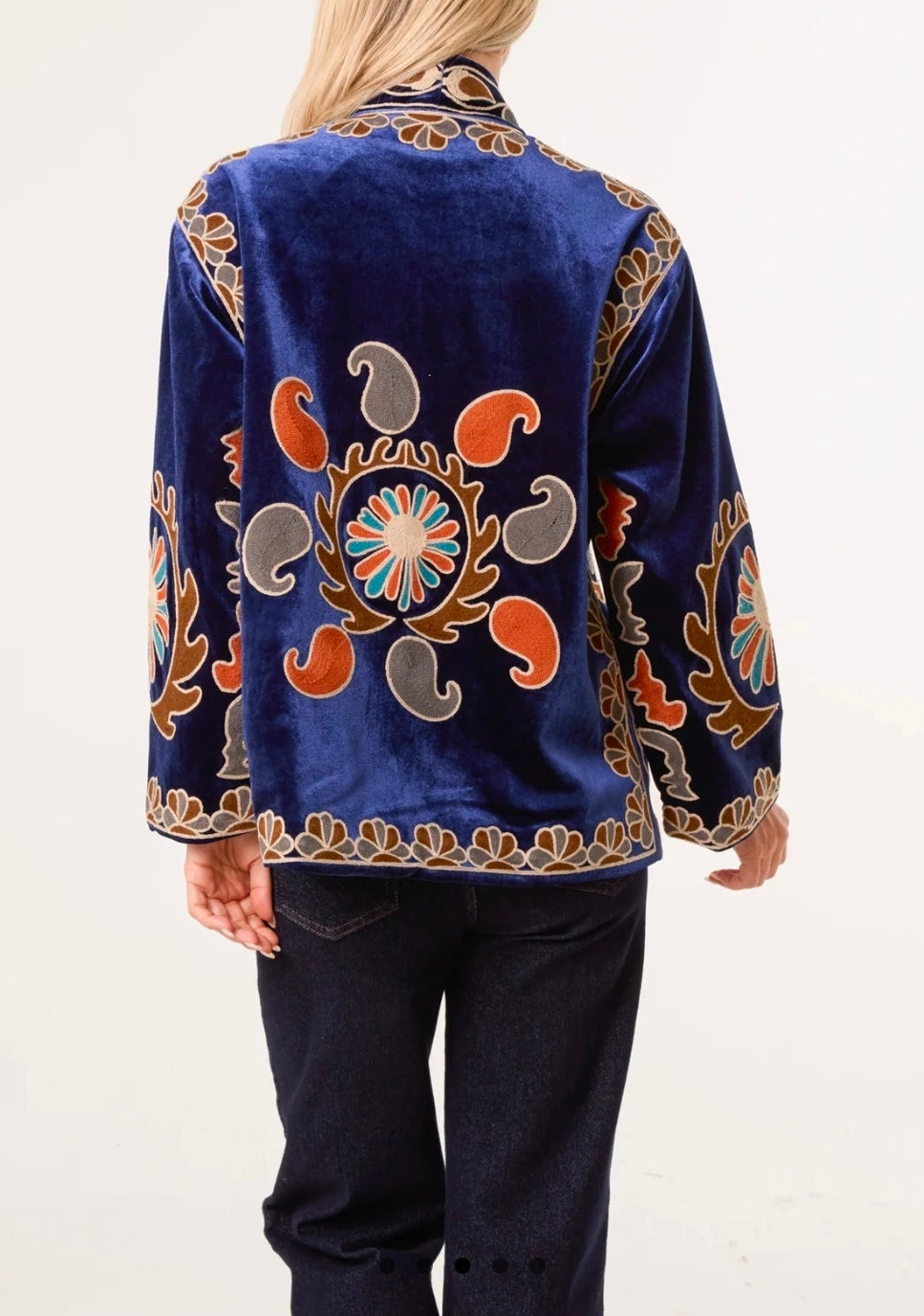 Boho Embroidered Navy Velvet Jacket