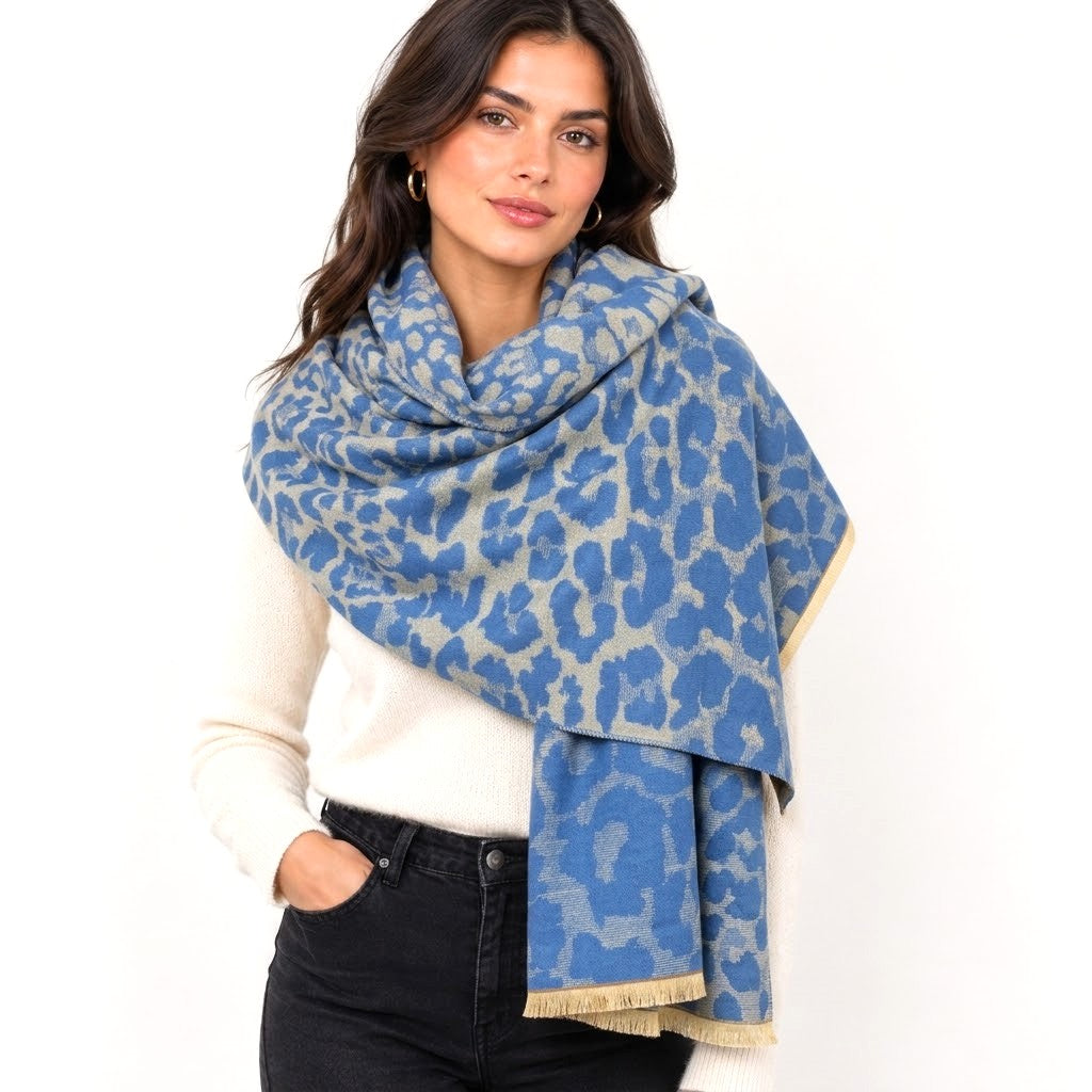 Soft Reversable Leopard Patterned Blue Scarf
Shawl Wrap