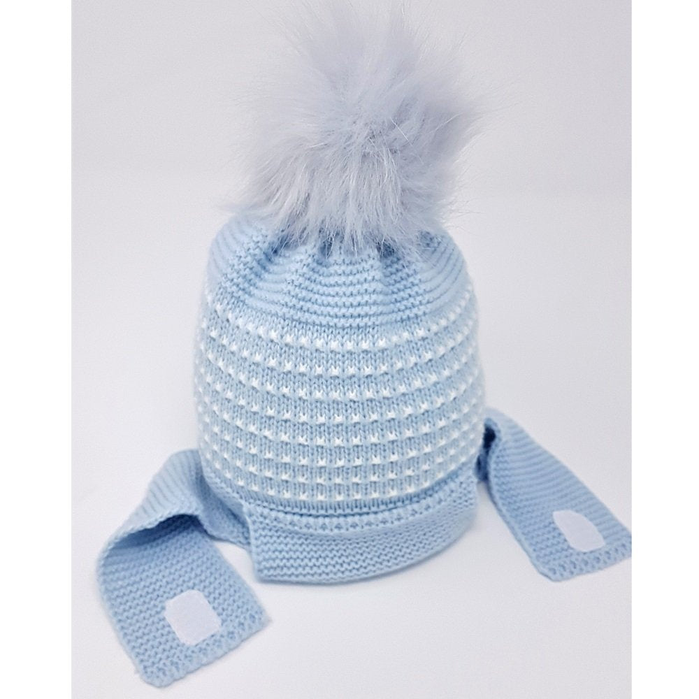 Sky Blue Baby Knitted Fur Pom Hat With Chin Strap
