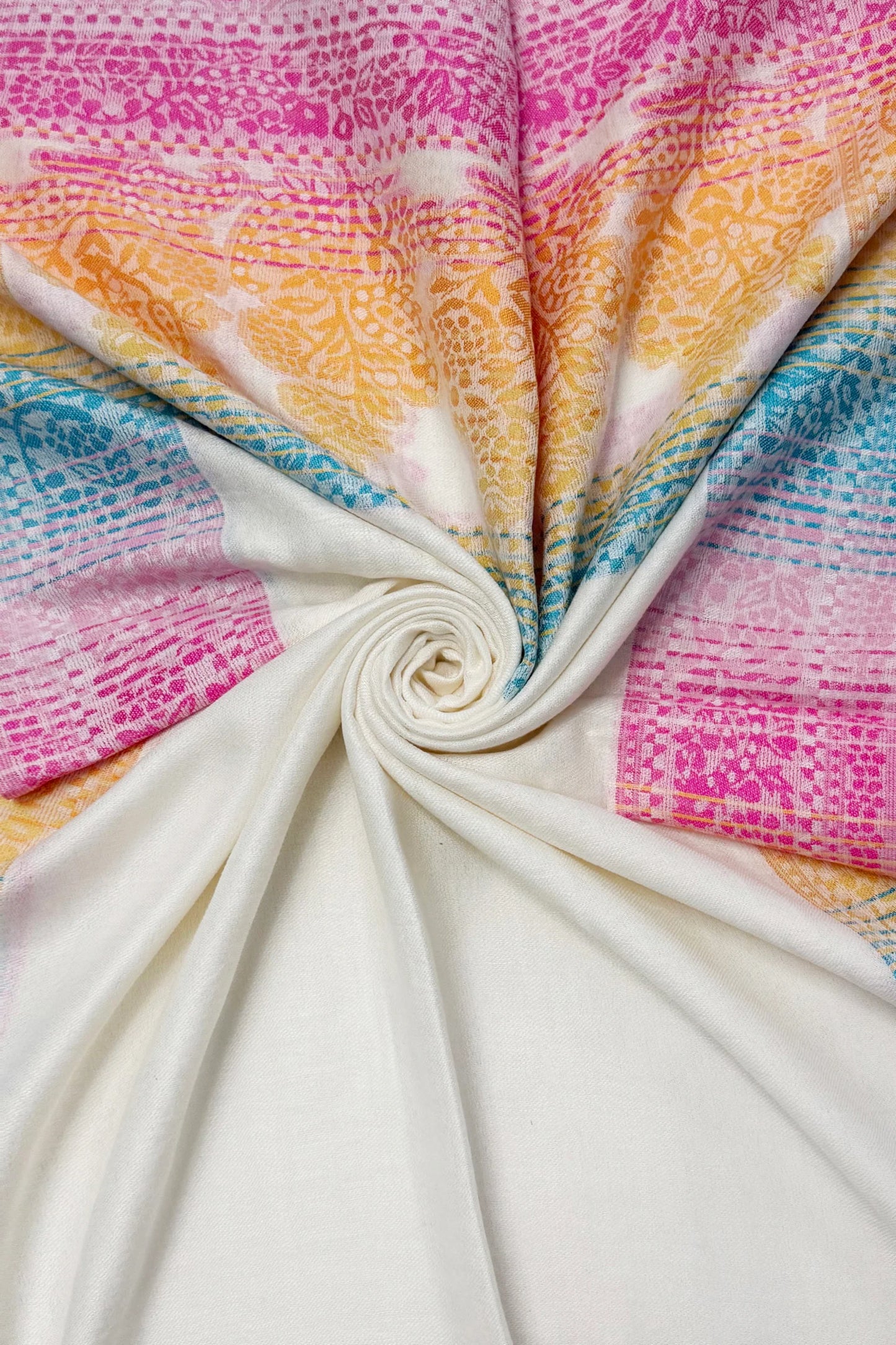 Paisley Cotton Frayed Scarf in Cream/Fuchsia