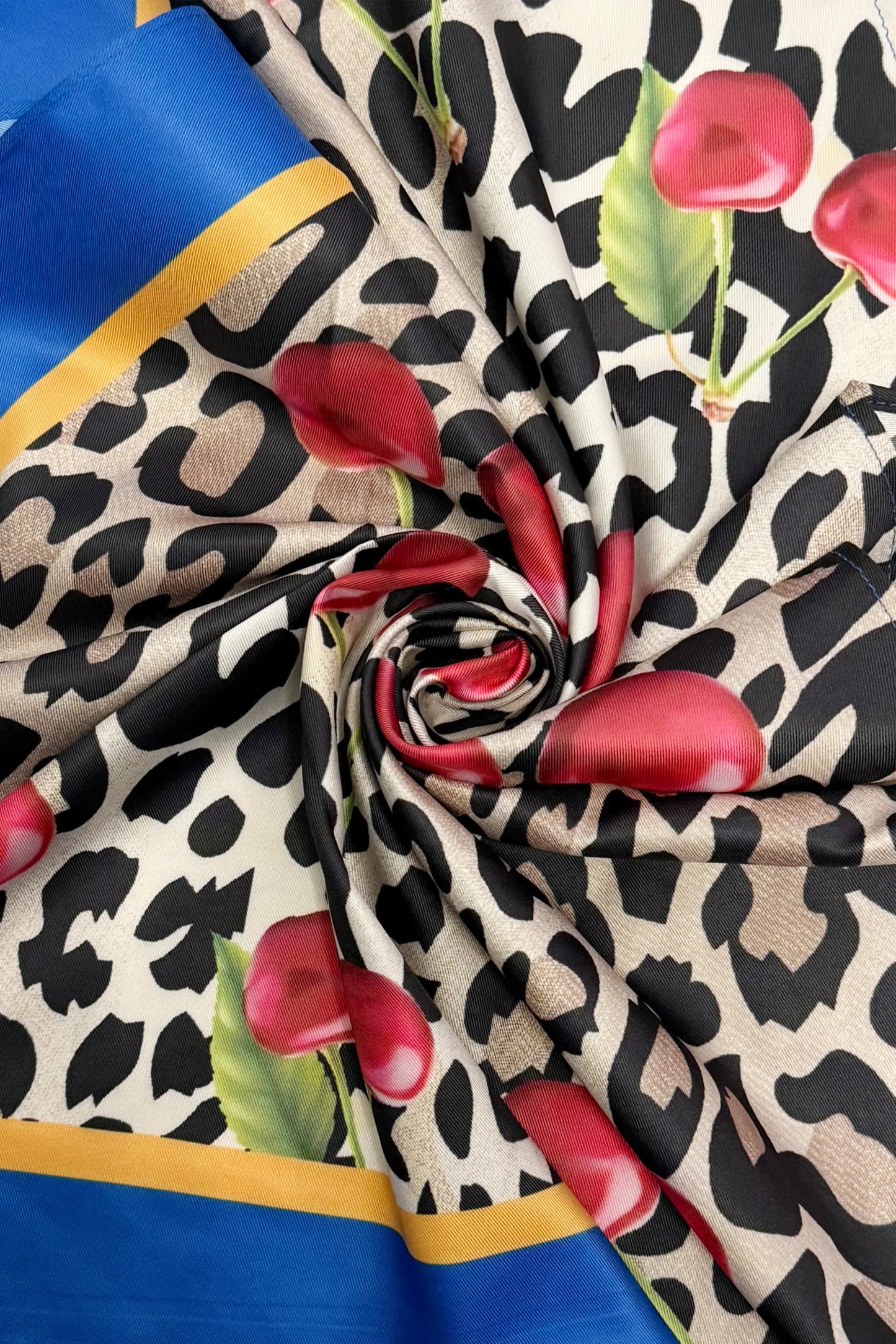 Cherry and Leopard Silk Triangle Scarf in Blue