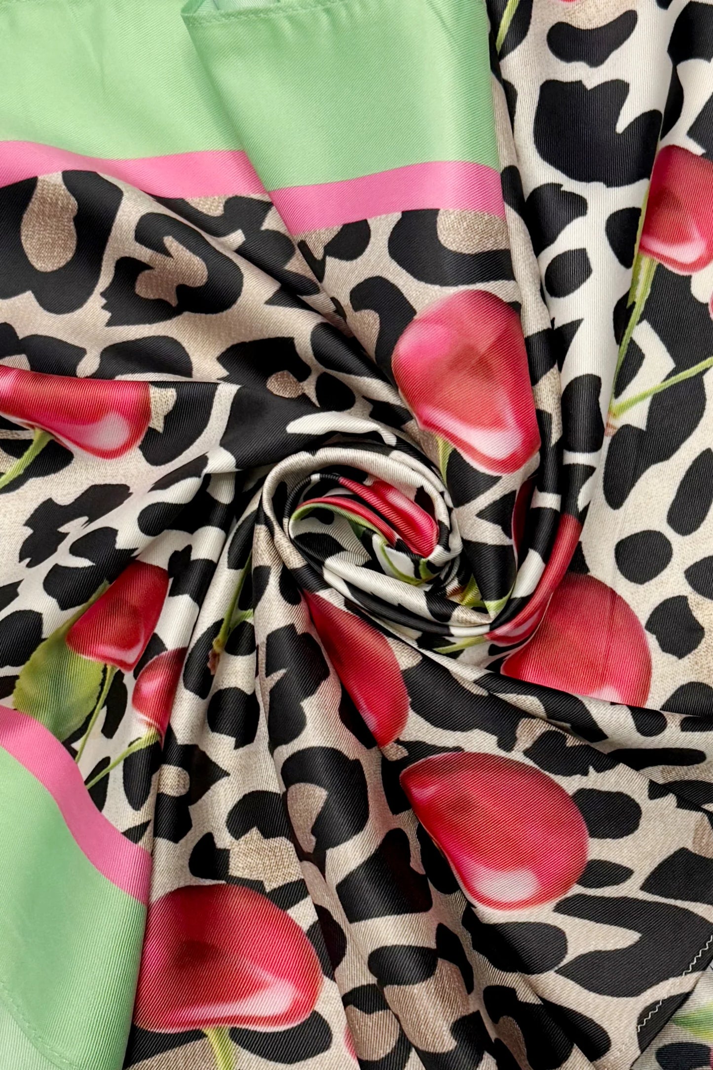 Cherry and Leopard Silk Triangle Scarf in Lime Green