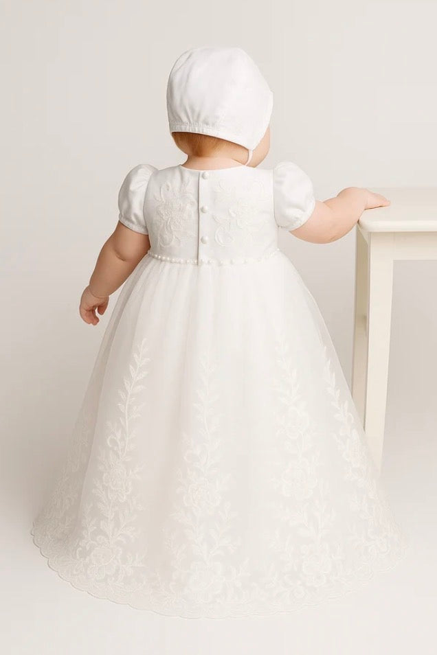 Baby Girls Off White Alexa Full Length Christening Gown with Heirloom Lace and Matching Bonnet