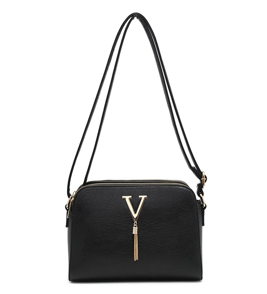 Black Ladies Small Handbag with 'V' and Tassel Detail