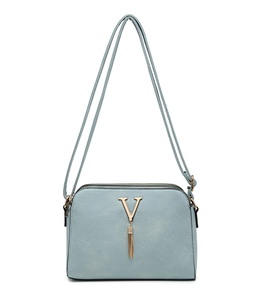 Blue Ladies Small Handbag with 'V' and Tassel Detail