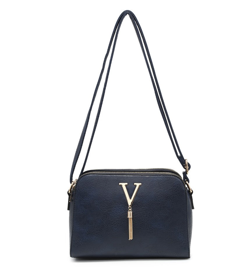 Navy Ladies Small Handbag with 'V' and Tassel Detail