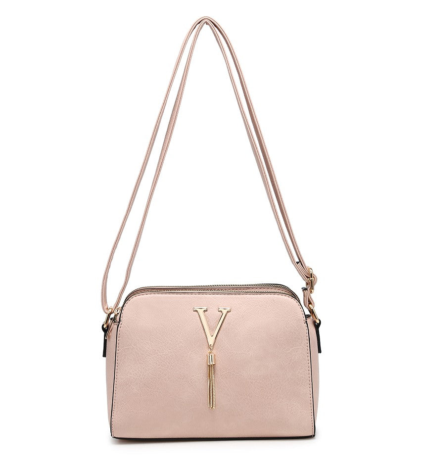 Pink Ladies Small Handbag with 'V' and Tassel Detail