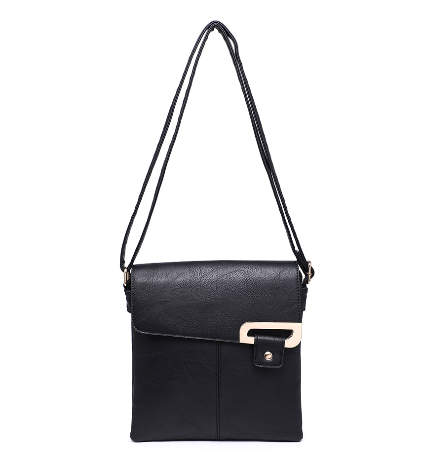 Black Ladies Crossbody Bag with Folding Flap