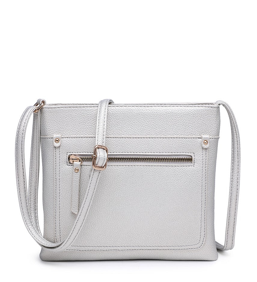 Silver Ladies Crossbody Bag with Front Zip Pouch