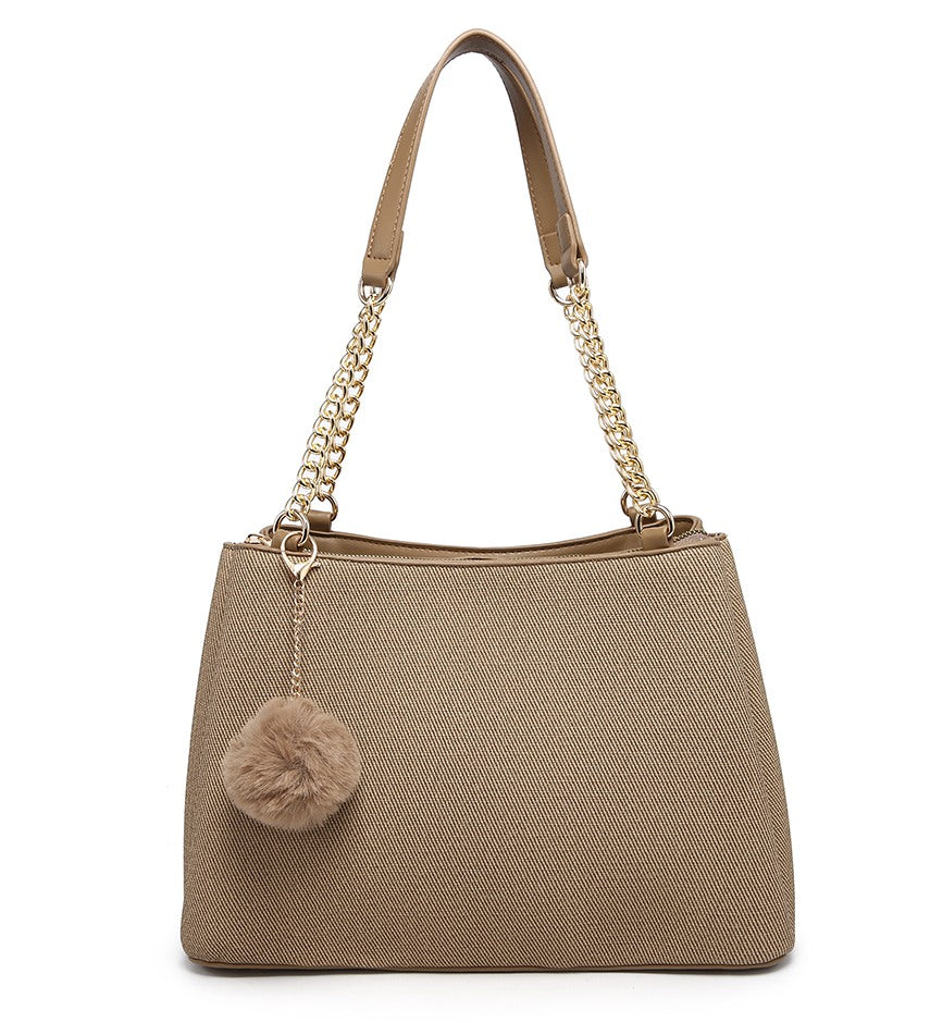 Brown Textured Handbag with Pom-Pom Detail