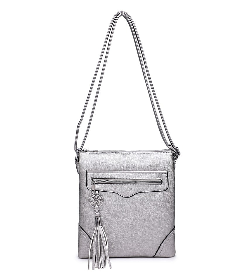 Silver Crossbody Bag with Tassel Detail