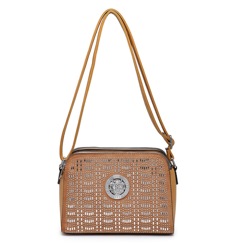 Mustard Ladies Handbag with Silver Gem and Bead Detailing