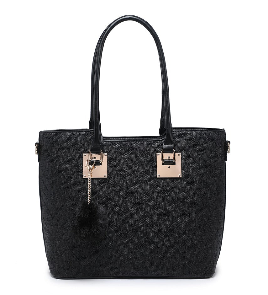 Zig-Zag Textured Black Handbag with Pom-Pom