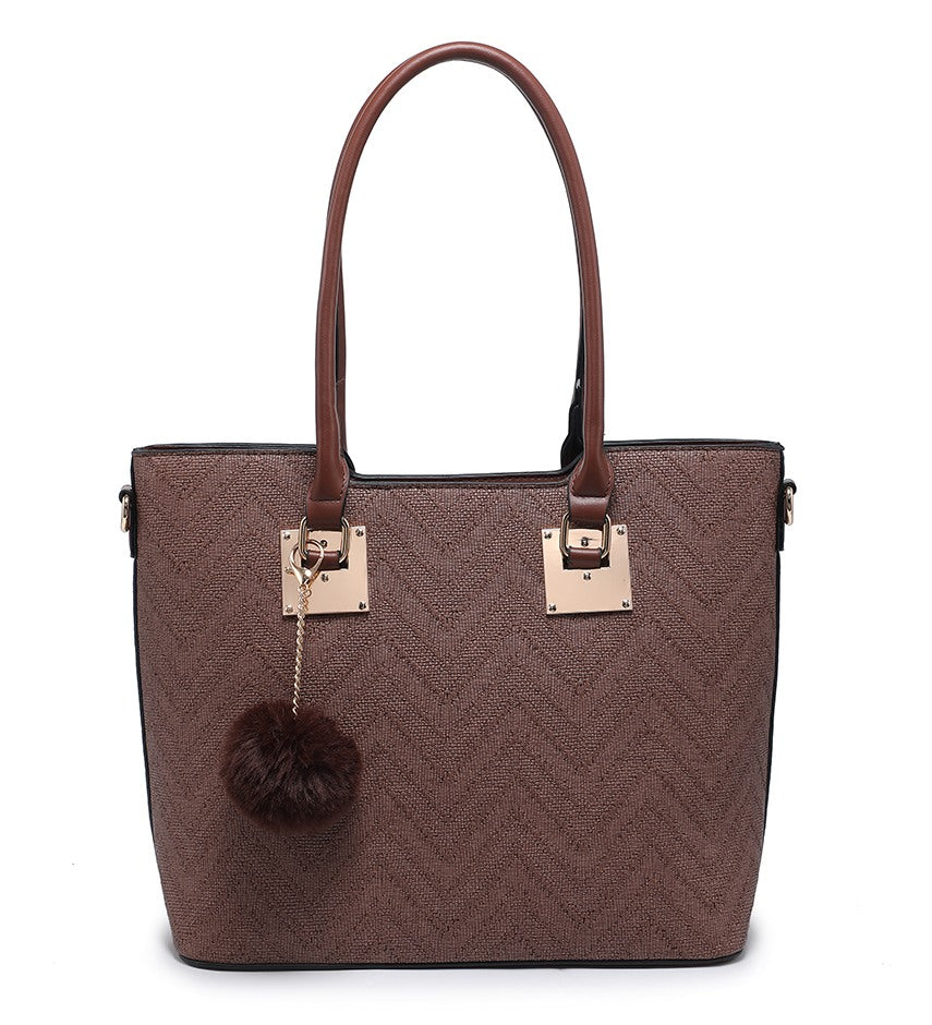 Zig-Zag Textured Coffee Handbag with Pom-Pom