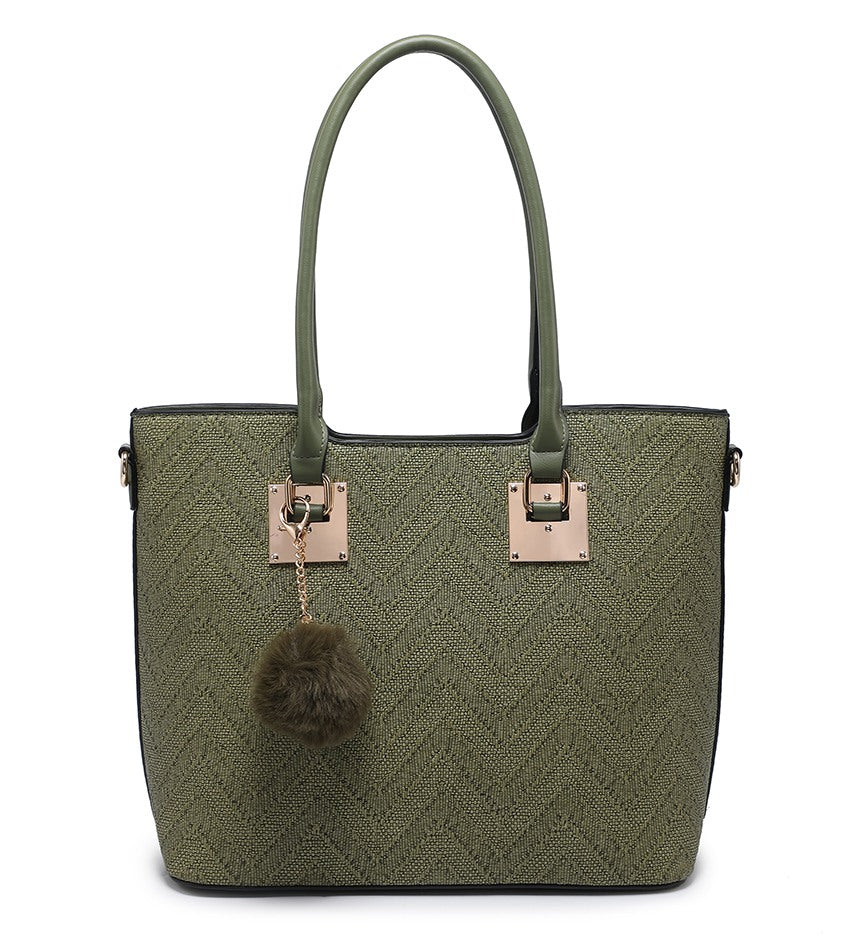 Zig-Zag Textured Green Handbag with Pom-Pom