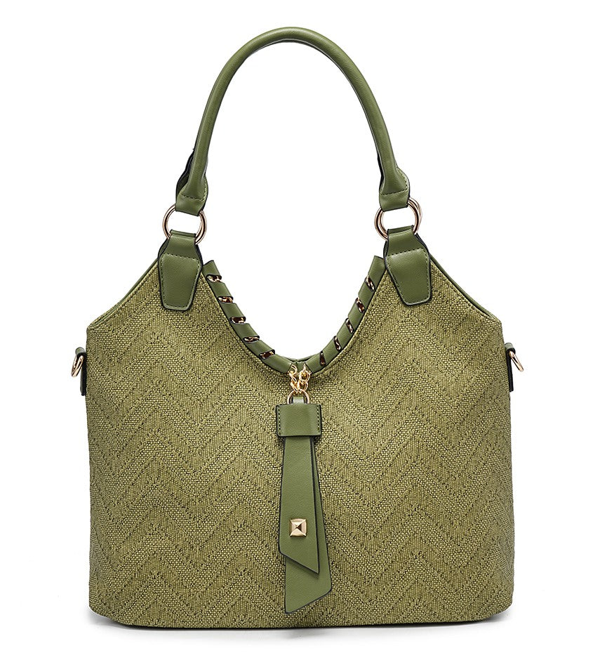 Zig-Zag Textured Green Handbag with Leather Detailing