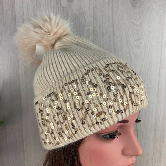 Beige Knitted Pom-Pom Hat With Sequenced Turnover