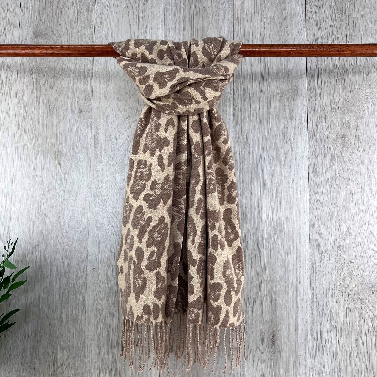 Beige Neutral Leopard Print Scarf With Fringe