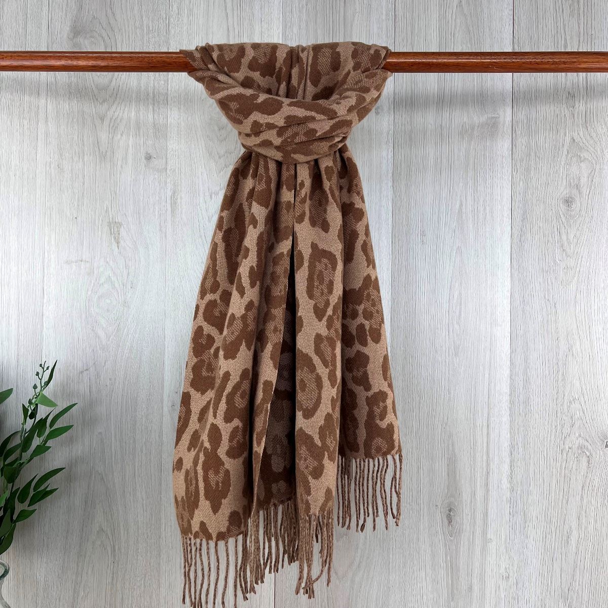 Brown Neutral Leopard Print Scarf With Fringe