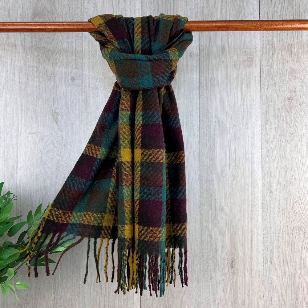 Brown Wooly Feel Winter Checked Scarf With Fringe