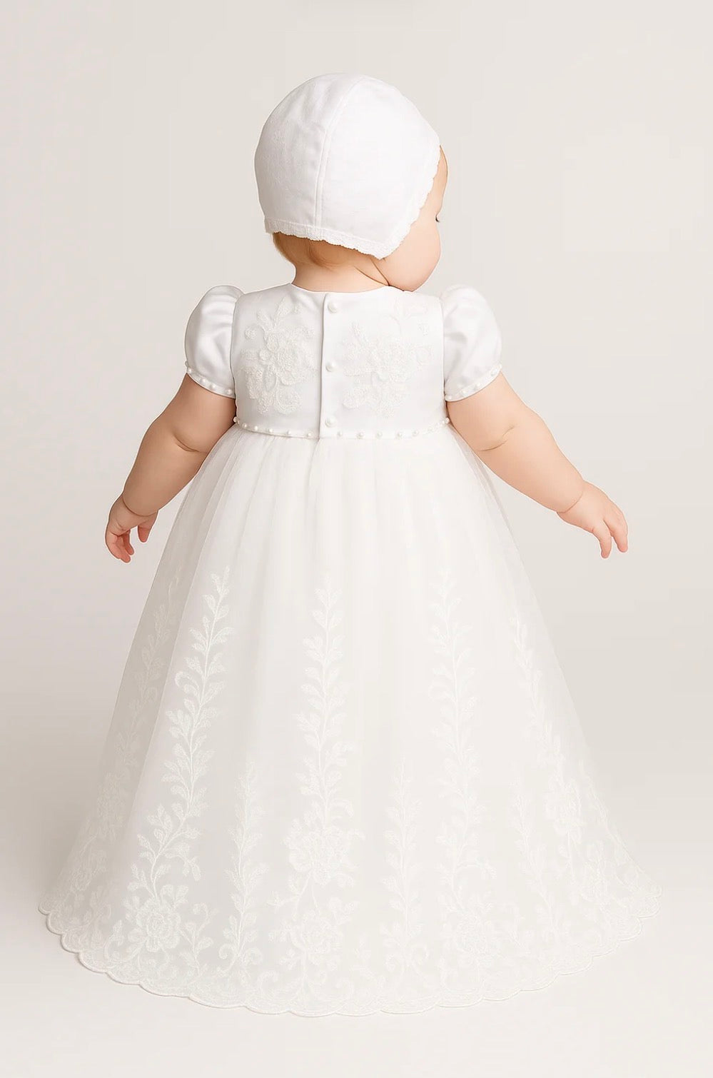 Baby Girls White Alexa Full Length Christening Gown with Heirloom Lace and Matching Bonnet