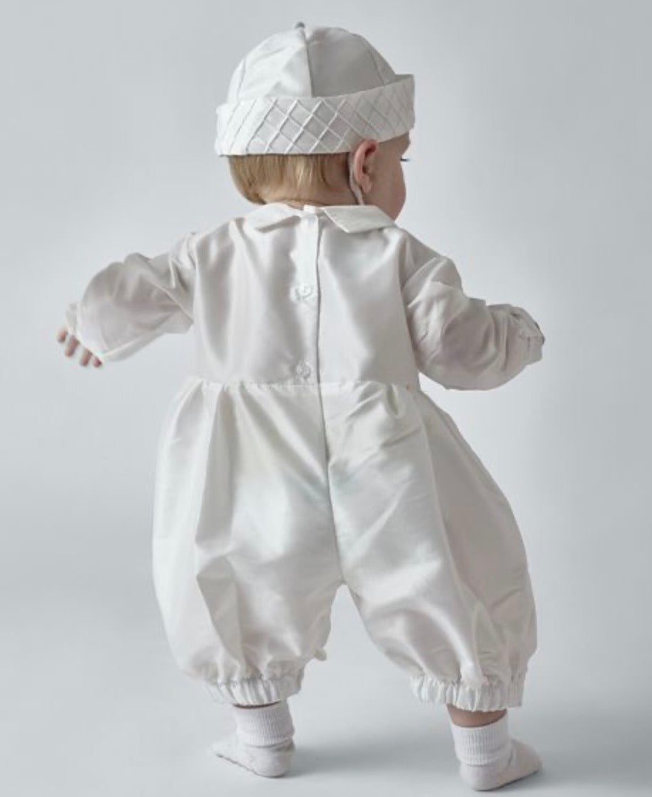 Boys White Patrick Christening Romper with Hat