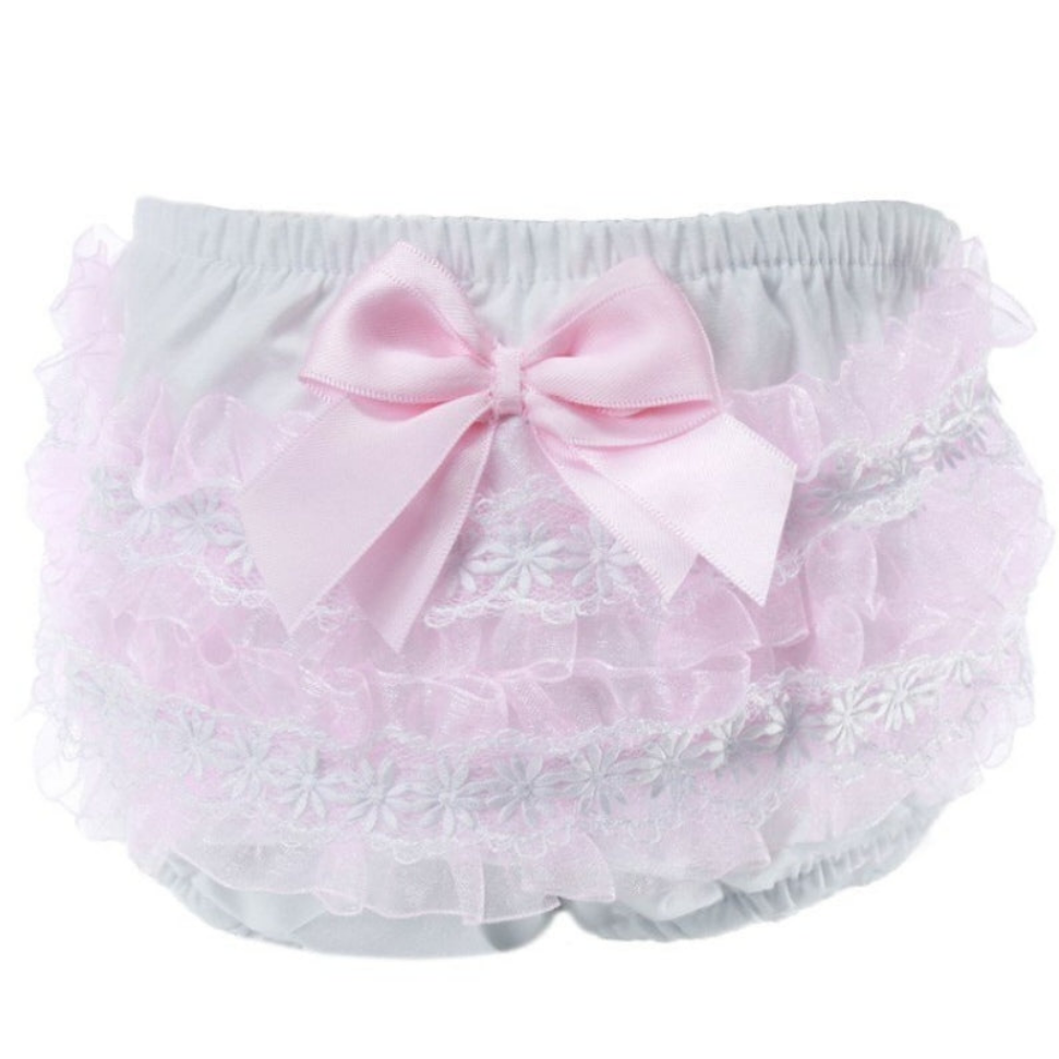 Pink frilly pant with organza lace, flower trim and satin bow (0-18months)