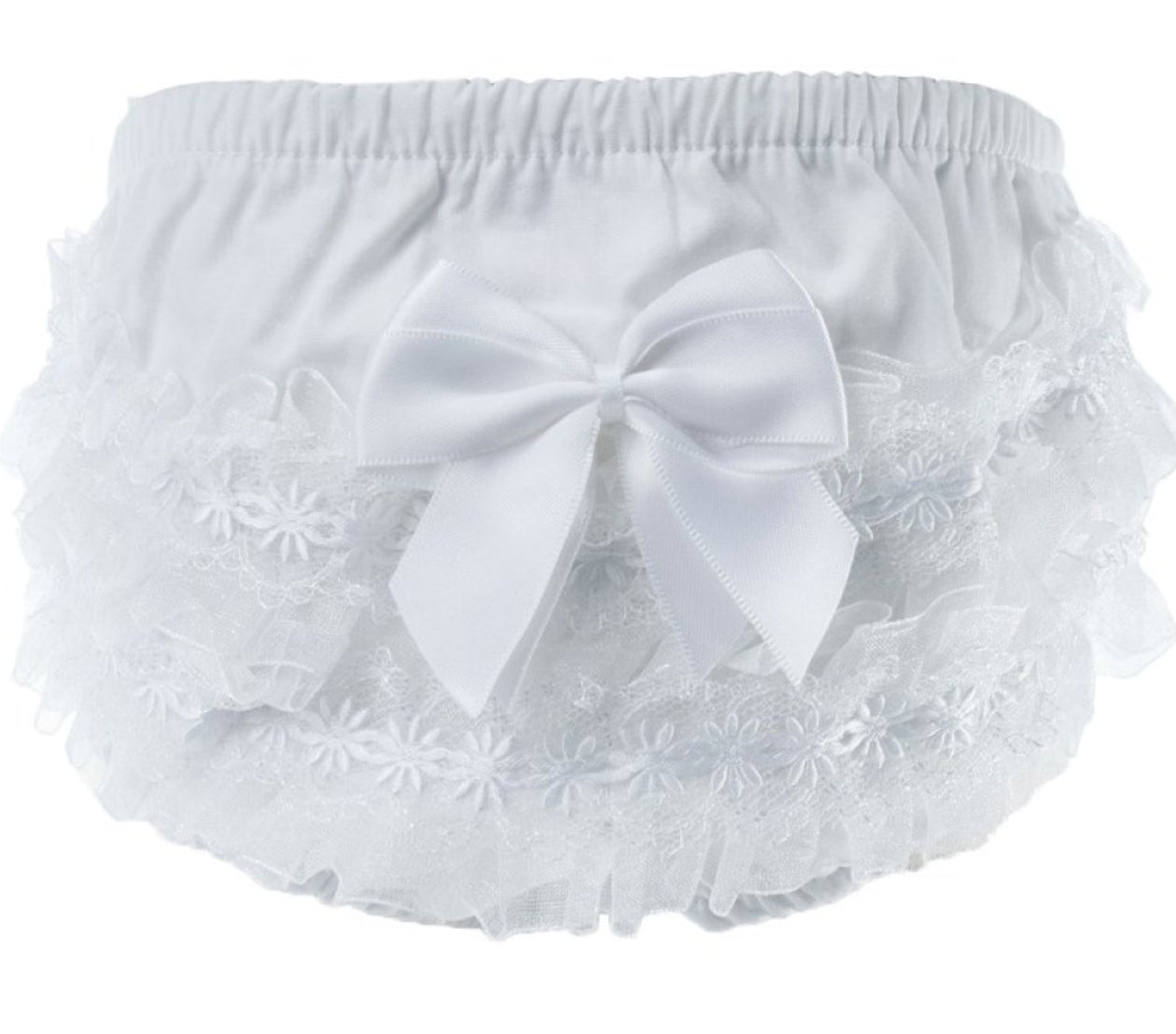 White frilly pant with organza lace , flower trim and satin bow (0-18months)