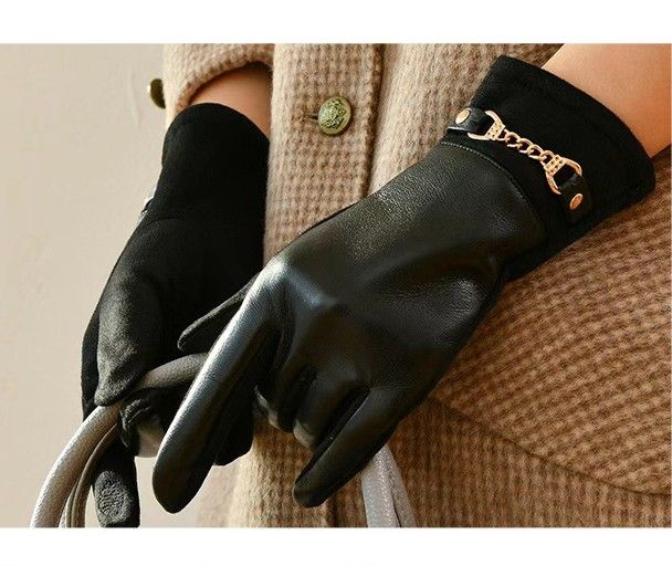 Black Leather Gloves With Gold Chain