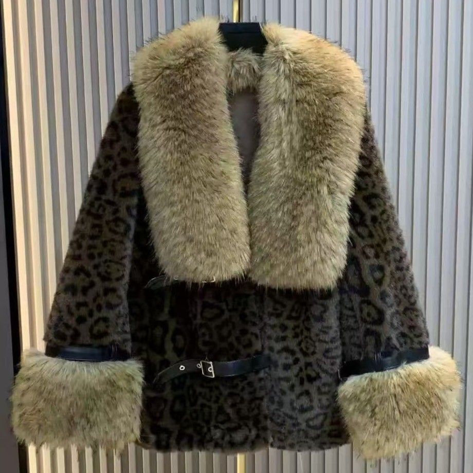Brown Leopard Print Coat With Collar and Cuff Fur Detailing