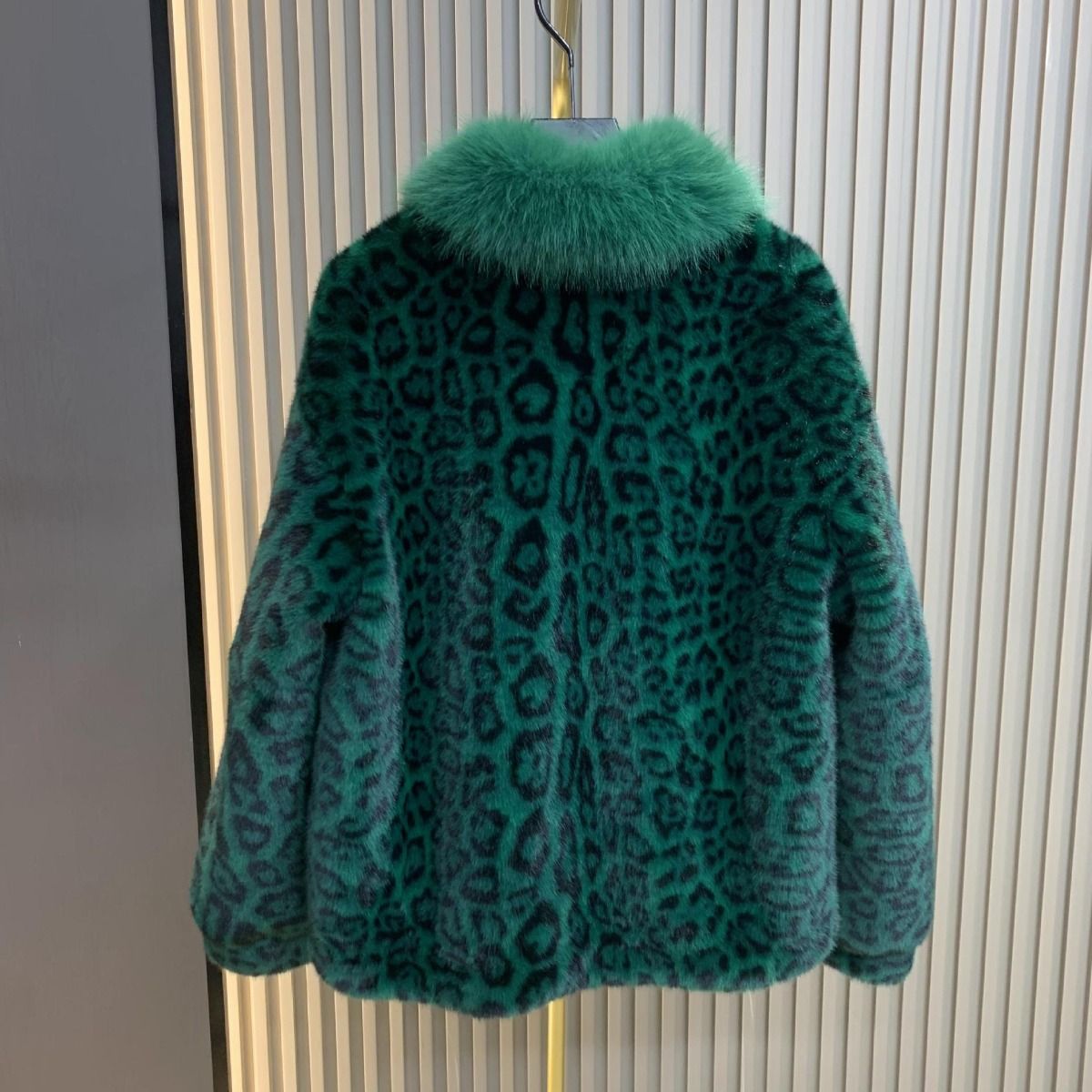 Green Buckled Leopard Print Fur Jacket