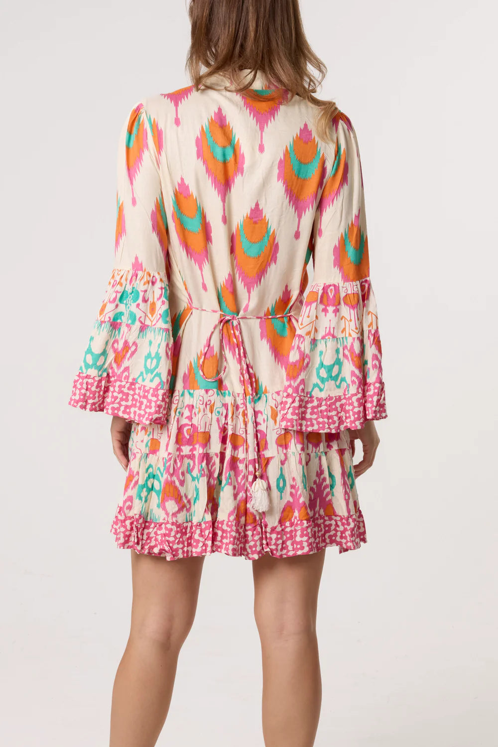 Printed Bell Sleeve Tassel Collar Dress
