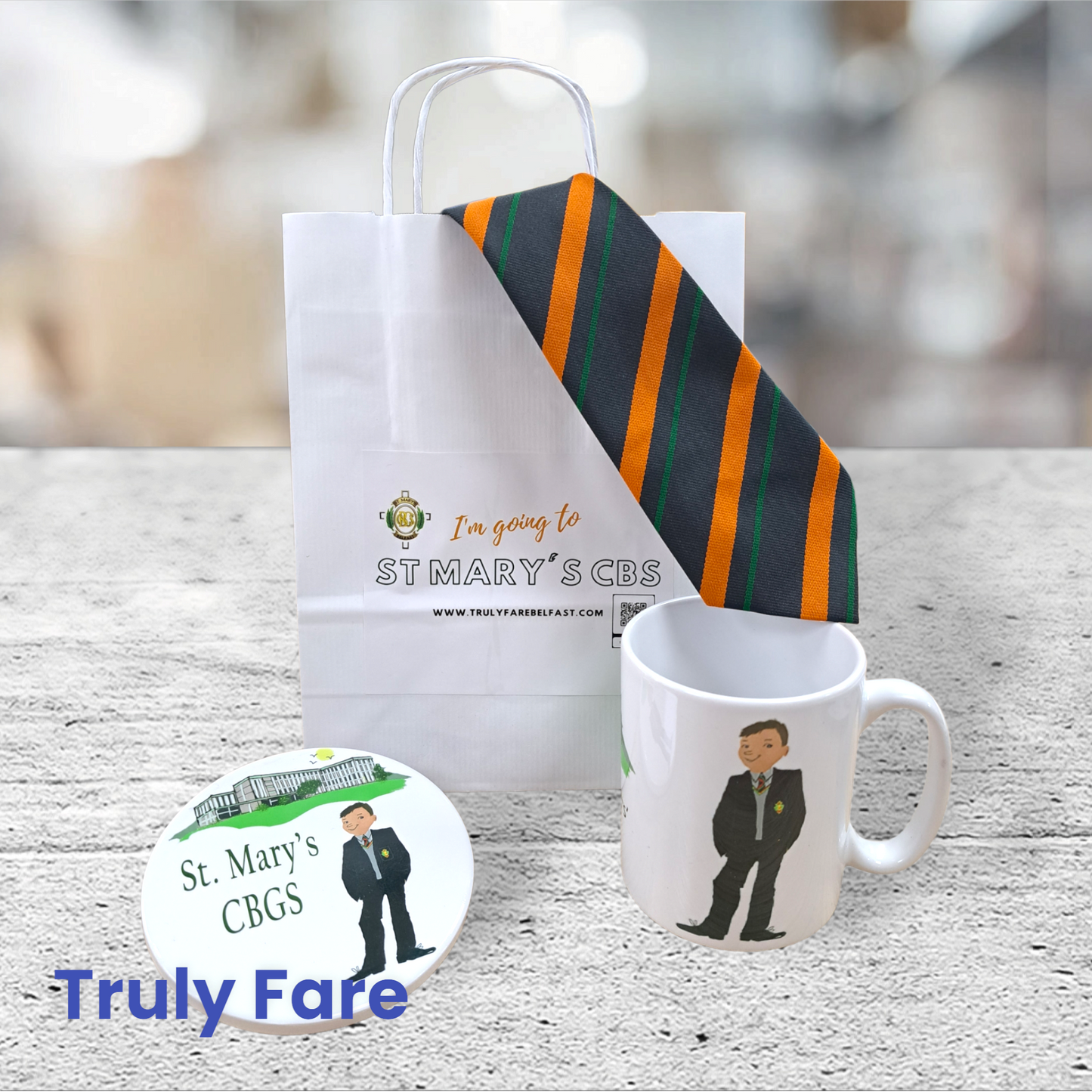 St Mary's CBGS coaster, tie, cup and gift bag set keepsake