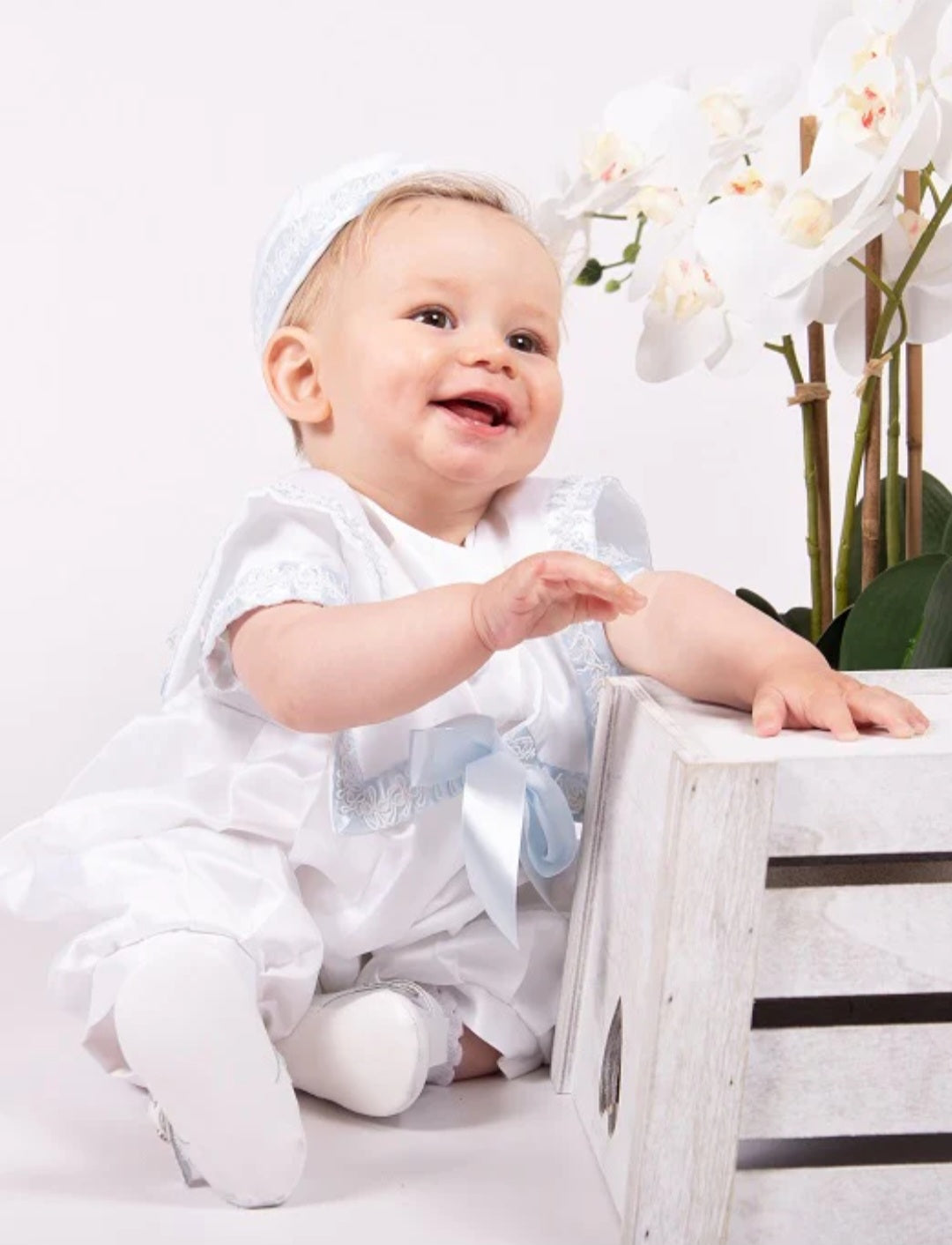 Christening Romper with Blue Trim chr502