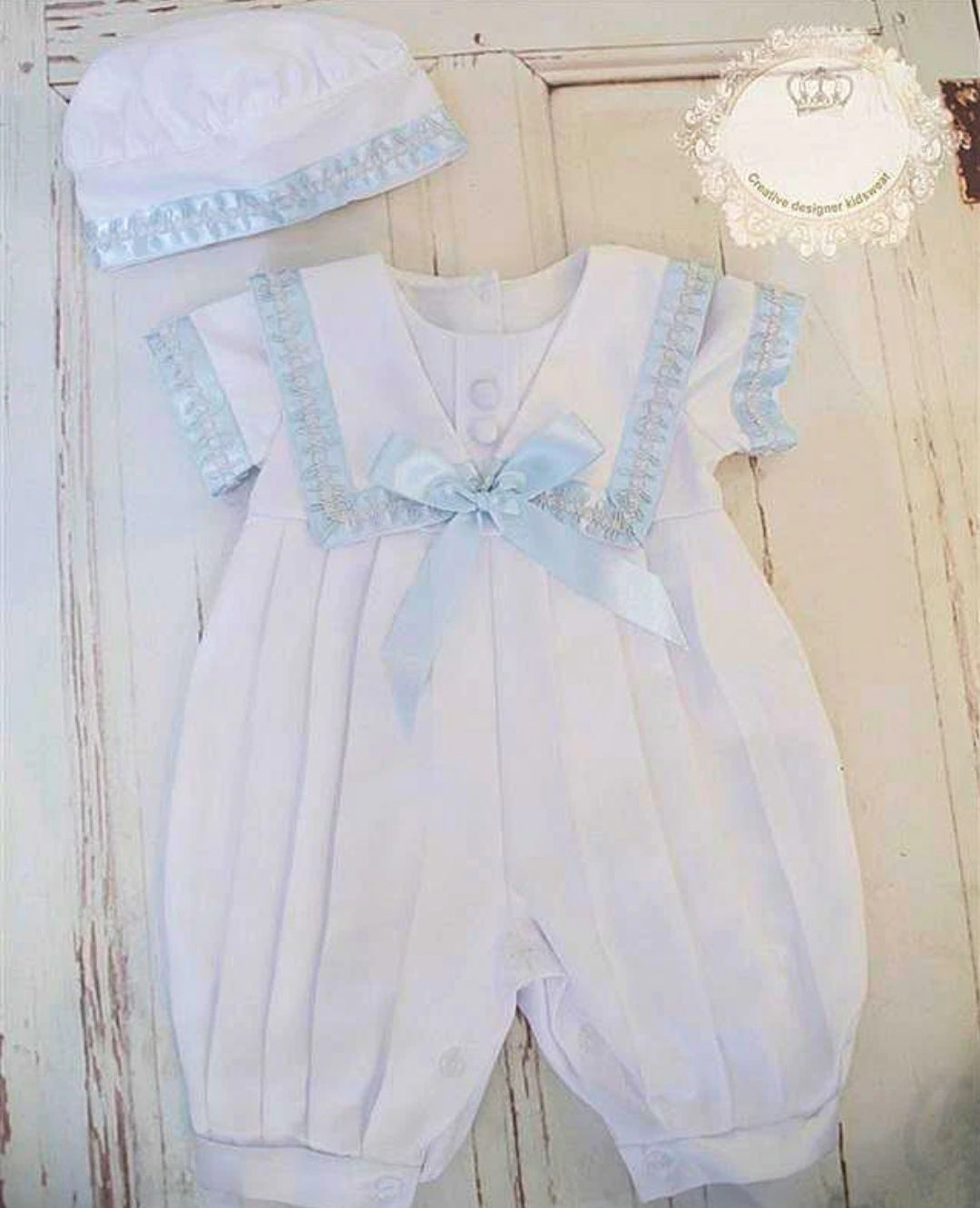 Christening Romper with Blue Trim chr502