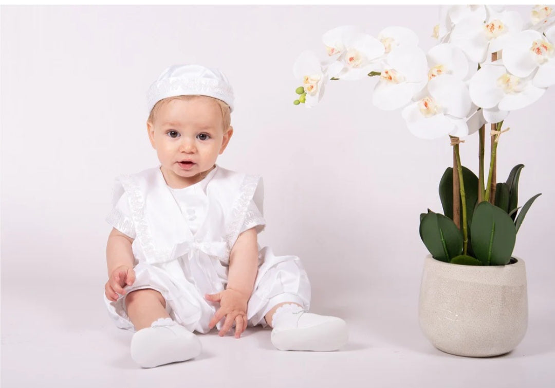 Christening Romper with White Trim chr502