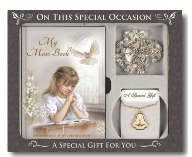 Confirmation Gift set Girl Mass book, Rosary beads and Necklace