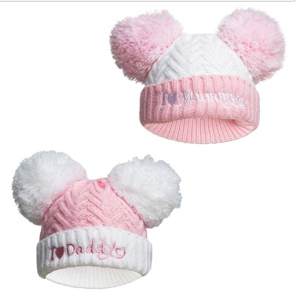 Pink Chevron Hat w/Emb & Pom Poms